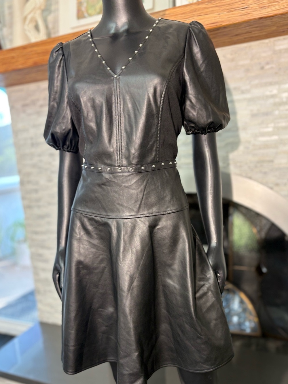 Karl Lagerfeld Paris Black Faux Leather Studded Fit & Flare Dress size 10